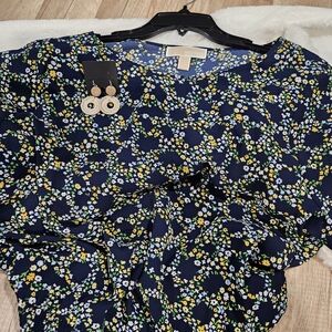 MICHAEL Kors Navy Floral Blouse With FREE Cream Woven Earrings